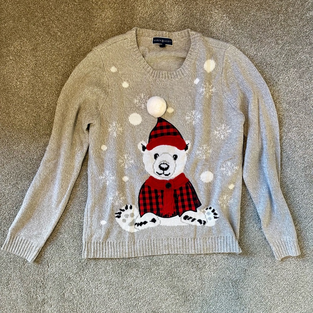 Karen Scott Light Gray Polar Bear Holiday Sweater